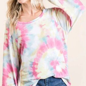 BiBi Tie Dye Print Terry Top With Puff Sleeves‎